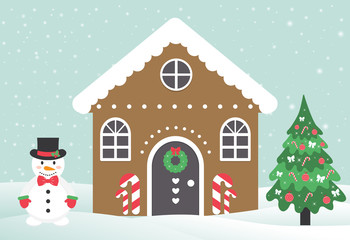 christmas house building with snowman and fir-tree