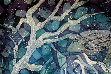 Mystical tree, turquoise and violet, hot batik, background texture