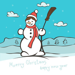 Children's drawing a snowman. Christmas card vector illustration