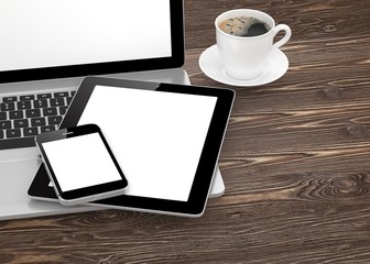Laptop, phone, tablet pc and coffee.