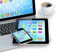 Laptop, phone, tablet pc and coffee.