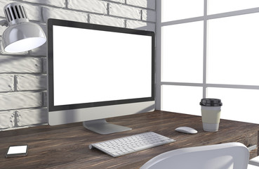 Fototapeta premium 3D illustration PC screen on table in office, Workspace