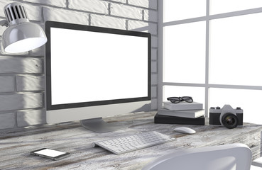 Fototapeta premium 3D illustration PC screen on table in office, Workspace