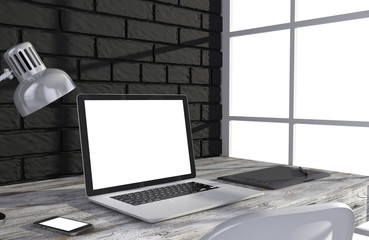 Fototapeta premium 3D illustration laptop and work stuff on table near brick wall, Workspace