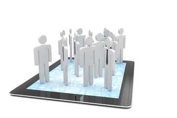 group of people figures on tablet PC, 3d render