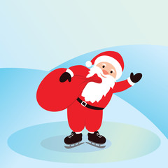 Santa Claus on ice skates with bag. Christmas elements Useful For Your holidays Design. Blue background. Vector Illustration
