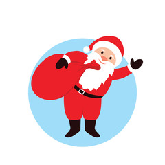 Santa Claus Cartoon Character with a raised right hand with bag. Merry Christmas and happy New year. Christmas elements Useful For Your holidays Design. White background. Vector Illustration
