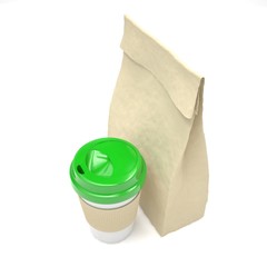 Coffee to go and lunch bag, on white.