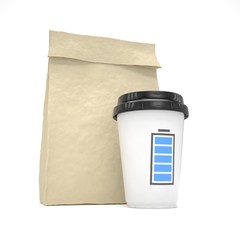 Coffee to go and lunch bag, on white.
