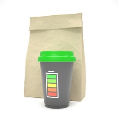 Coffee to go and lunch bag, on white.