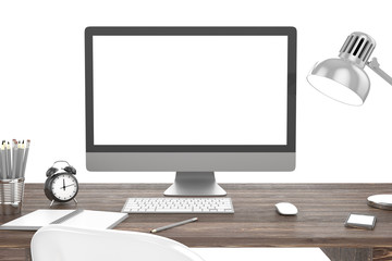 Fototapeta premium 3D illustration PC screen on table in office, Workspace