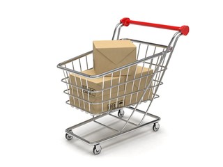 Shopping cart with parcel, 3d