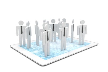 group of people figures on tablet PC, 3d render