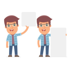 Funny Character Freelancer holds and interacts with blank forms