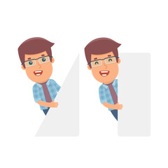 Funny Character Freelancer holds and interacts with blank forms