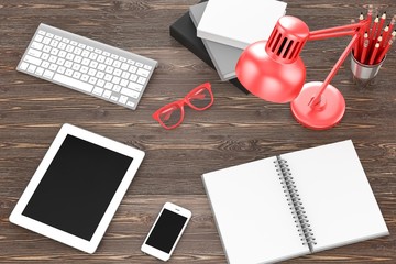 office stuff on table, workplace, top view