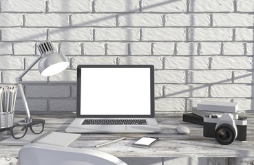 3D illustration laptop and work stuff on table near brick wall, Workspace