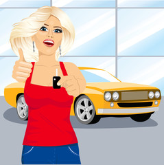 woman holding the key and showing thumbs up