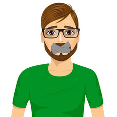 young man silenced with wouth covered with grey duct tape