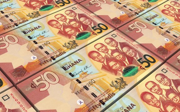 Ghanaian cedi bills stacks background. Computer generated 3D photo rendering.