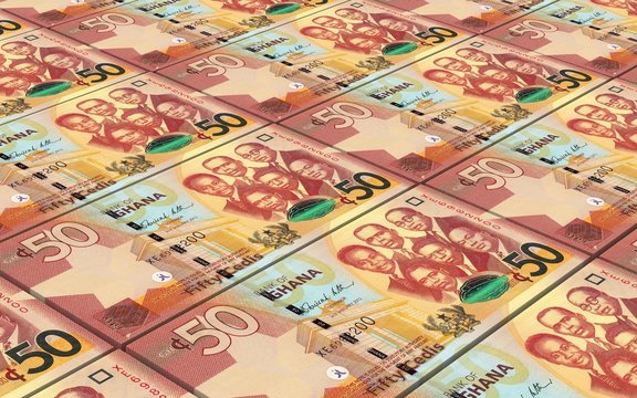 Ghanaian cedi bills stacks background. Computer generated 3D photo rendering.