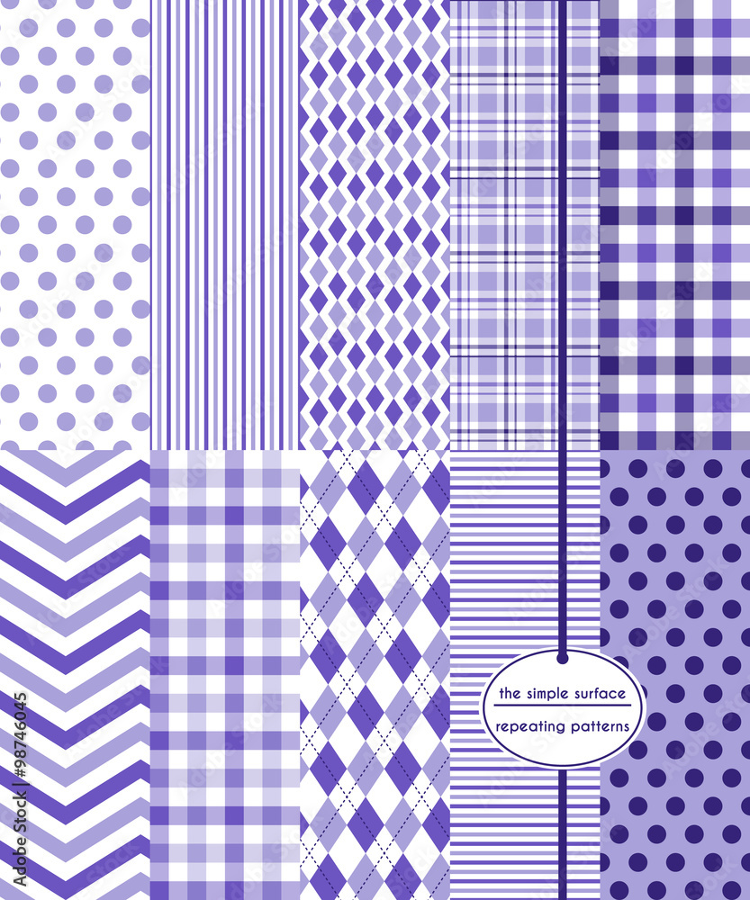Wall mural Violet seamless pattern set. Purple and lavender repeating patterns for backgrounds, borders, gift wrap and more. Polka dot, stripe, diamond, plaid, chevron and argyle prints. - Wall murals
