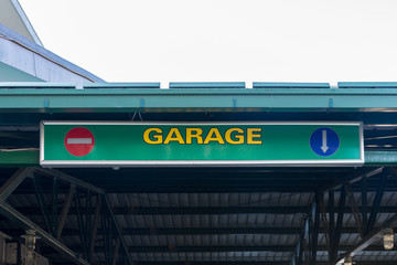 Underground garage sign. Written letters garage