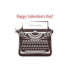 Valentine day card. Vintage typewriter with text on paper. Vector illustration