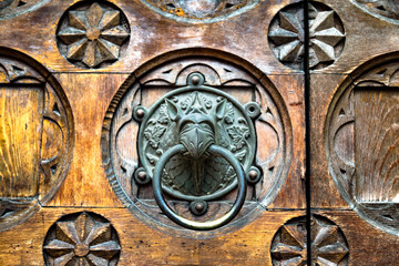 Fototapeta na wymiar Antique door knocker shaped monster's head.