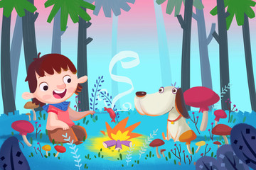 Illustration For Children: Forest Barbecue with Best Friends. Realistic Fantastic Cartoon Style Artwork / Story / Scene / Wallpaper / Background / Card Design
