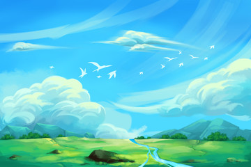 Obraz na płótnie Canvas Illustration For Children: The Super Clear Blue Sky. Realistic Fantastic Cartoon Style Artwork / Story / Scene / Wallpaper / Background / Card Design 