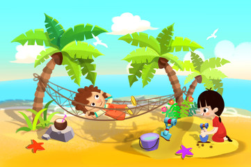 Obraz na płótnie Canvas Illustration For Children: Kids Play at Sand Beach, One Sleeping in the Hammock, One Playing in Sands. Realistic Fantastic Cartoon Style Artwork / Story / Scene / Wallpaper / Background / Card Design