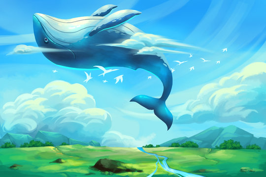 Illustration For Children: The Huge Dancing Whale in the Clear Blue Sky. Realistic Fantastic Cartoon Style Artwork / Story / Scene / Wallpaper / Background / Card Design
