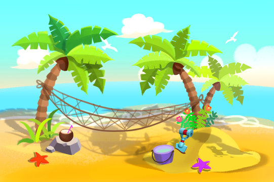 Illustration For Children: Sand Beach Hammock between Palm Trees. Realistic Fantastic Cartoon Style Artwork / Story / Scene / Wallpaper / Background / Card Design