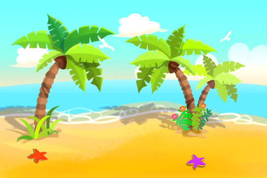 Illustration For Children: Beautiful Sand Beach with Swaying Palm Trees. Realistic Fantastic Cartoon Style Artwork / Story / Scene / Wallpaper / Background / Card Design