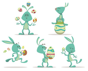 Vector Set of Easter bunnies. Cartoon image of five funny light blue Easter bunnies in various poses with colorful Easter eggs on a light background.