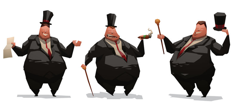 Vector cartoon image of three fat capitalists businessmen in black suits, white shirts, red ties and high hats in different poses and with different attributes on a light background.