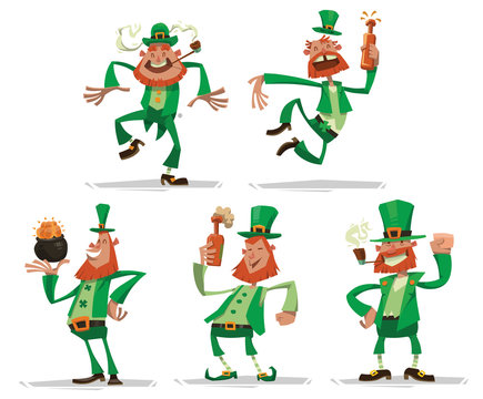 Vector cartoon image of five funny leprechauns in a green suits and hats, with beer and gold in their hands in various poses on a light background. In the theme of St. Patrick's Day.