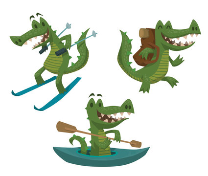 Vector Set of green crocodiles. Cartoon image of three funny green crocodiles involved in sports and tourism on a light background.