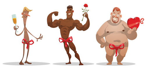 Vector cartoon image of three men congratulating: lean, athletic and thick with red bows at the waist, with champagne, chocolates and a rose on a light background.