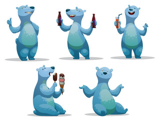 Vector Set of Polar bears. Cartoon image of funny five polar bears in various poses with ice cream and drinks in paws on a light background.