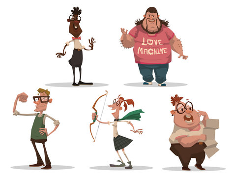 Vector Set of nerds. Cartoon image of nerds of different sex, body types and in different clothes on a light background.