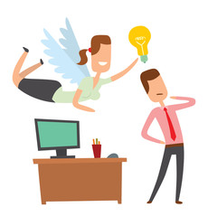 Vector cartoon image of a businessman with brown hair and office angel woman with brown hair and white wings, which helps in the office with light bulb next to a desk on a light background.