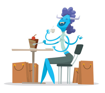 Vector cartoon image of a funny blue monster female with purple hair, with horns, two legs and six arms sitting at the table with bunch of beige bags from stores near on a light background.