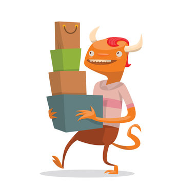 Vector cartoon image of a funny orange monster male with red hair, with horns, two legs and hands with orange tail, with a bunch of bags and boxes from stores in his hands on a light background.