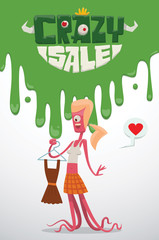 Vector advertising flyer with green slime on top, and with cartoon image of a funny pink monster female with blond hair with a brown dress in her hand, from the bottom on a light background.