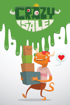 Vector advertising flyer with green slime on top, and with cartoon image of a funny orange monster male with red hair with bunch of bags and boxes from stores, from the bottom on a light background. 