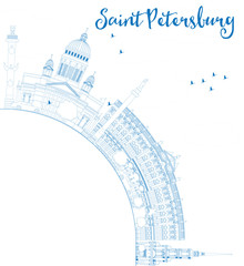 Outline Saint Petersburg skyline with blue landmarks and copy space. Some elements have transparency mode different from normal.