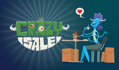 Vector horizontal advertising flyer with green-white lettering on the left and a funny blue monster female with purple hair with bunch of beige bags from stores on the right on a dark blue background.