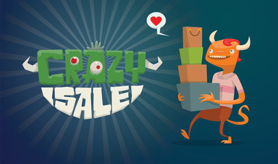 Fototapeta premium Vector horizontal advertising flyer with green-white lettering on the left and a funny orange monster male with red hair with a bunch of bags, boxes from stores on the right on a dark blue background.